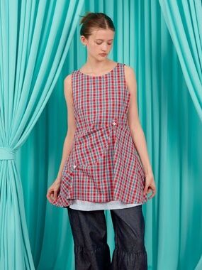 NWT K-Fashion Red Plaid Sleeveless Mini Dress - Casual A-Line Tunic